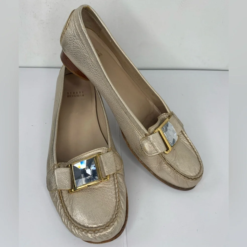 Stuart Weiztman Gold Metallic Womens Loafers w Decorative Crystal Hardware